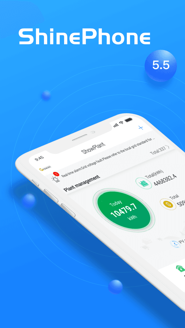 ShinePhone App monitoring dashboard showing solar generation and battery state of charge